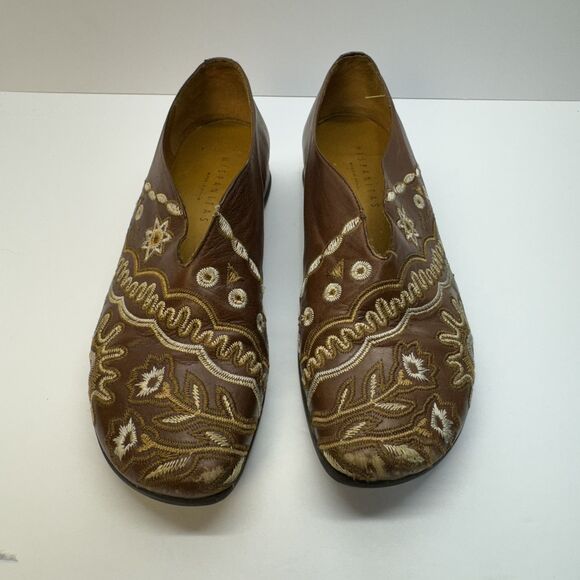 Hispanitas Shoes Women's Size 37 Brown Slip on Embroidered Leather Loafers - Picture 2 of 9